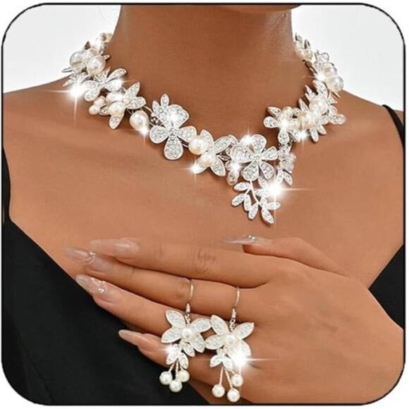 Crystal Flower Bridal Jewelry Set Rhinestone Necklace Earrings Sets Pearls - Picture 8 of 8
